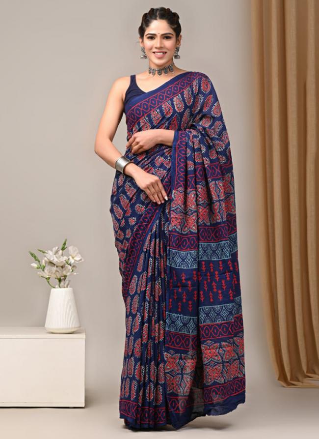 Cotton Blue Casual Wear Printed Saree